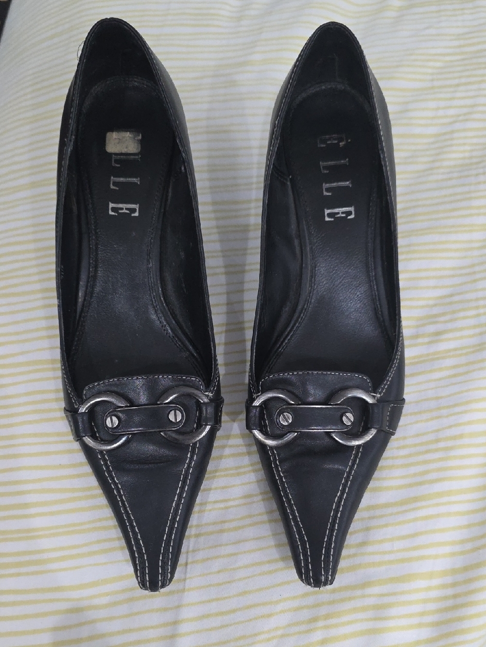 ELLE Black Leather Heels Buckle  White Stitches Detail Used Very Good 7.5